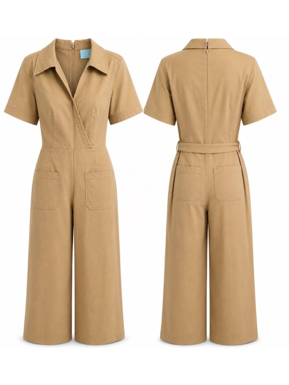 Maeve By Anthropologie Plus Short-Sleeve Belted Jumpsuit In Tan